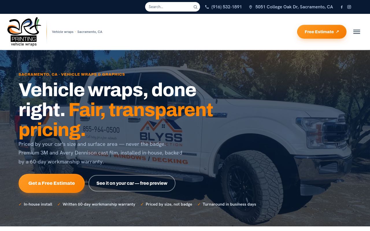 Homepage of Art Printing Vehicle Wraps's website