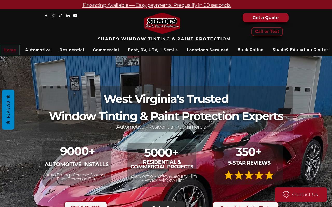 Homepage of Shade9 Window Tinting & Paint Protection's website