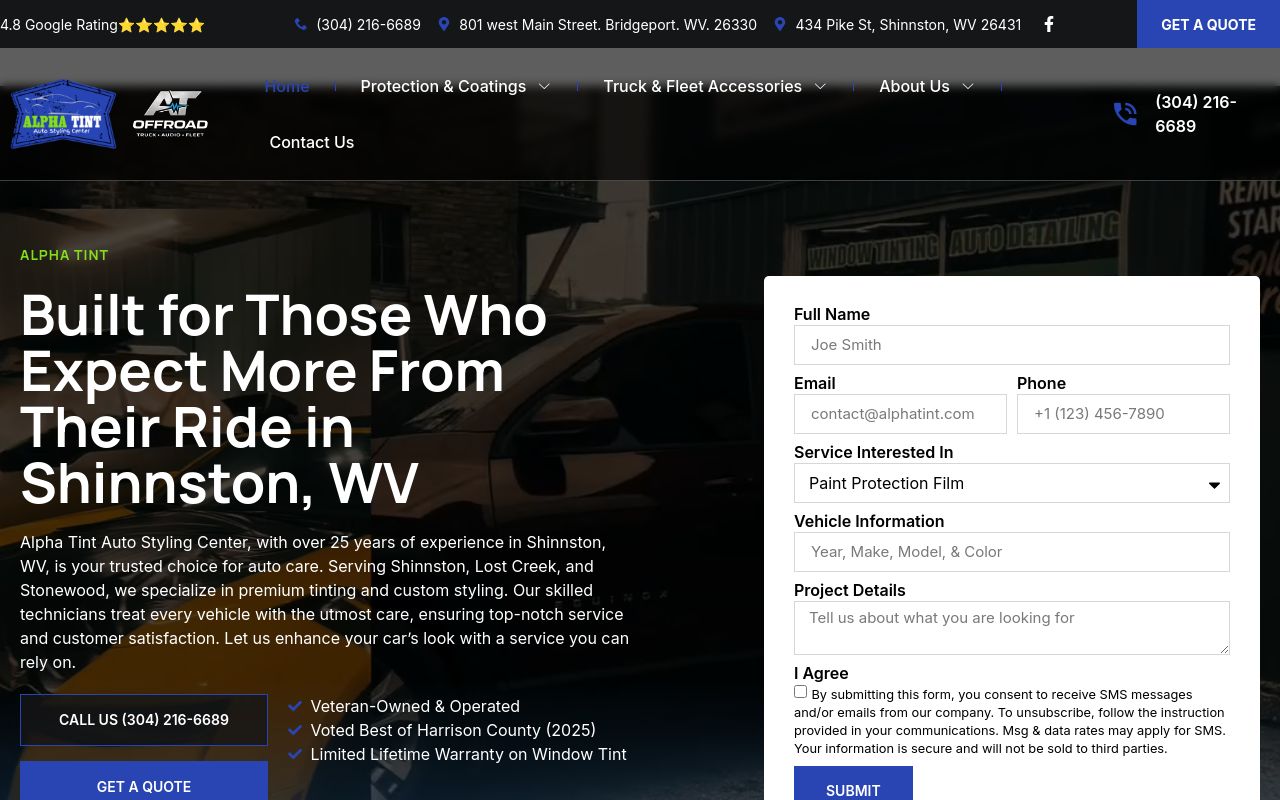 Homepage of Alpha Tint Auto Styling Center, Window Tinting, Truck Accessories, Paint Protection Film, Ceramic Coatings, Detailing's website