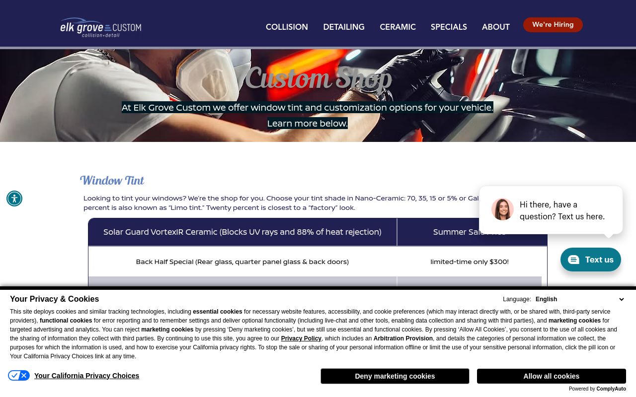 Homepage of Elk Grove Custom Window Tint's website