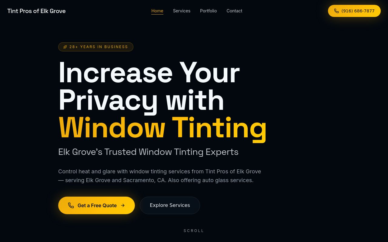 Homepage of Tint Pros of Elk Grove's website