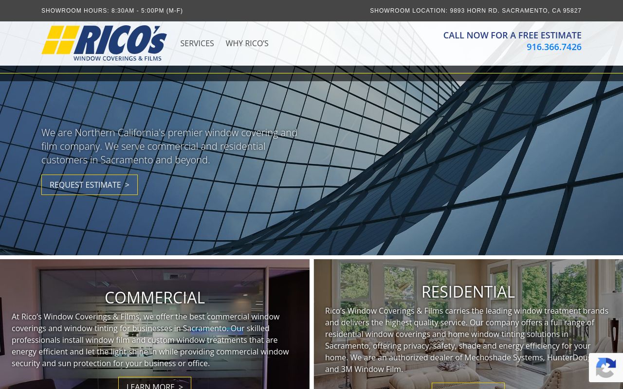 Homepage of Rico's Window Coverings & Films's website
