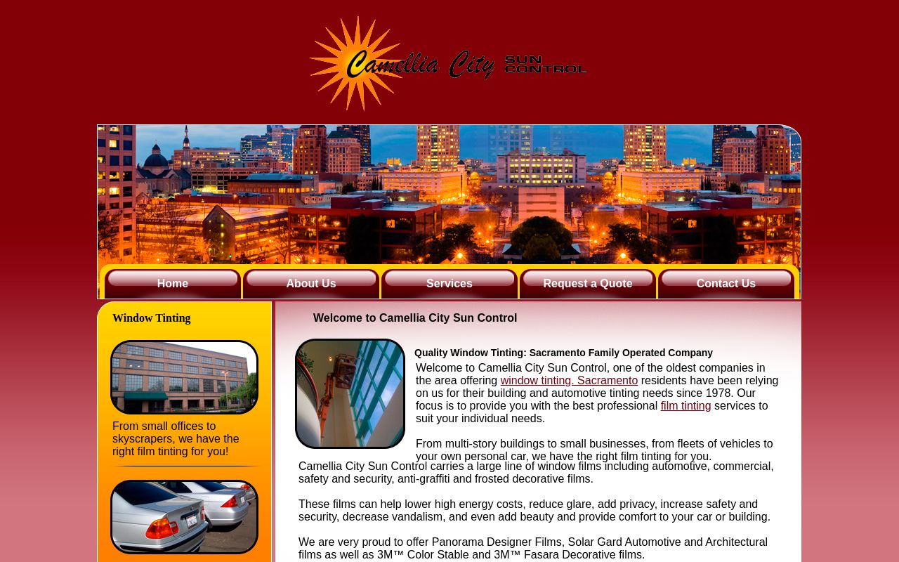 Homepage of Camellia City Sun Control's website