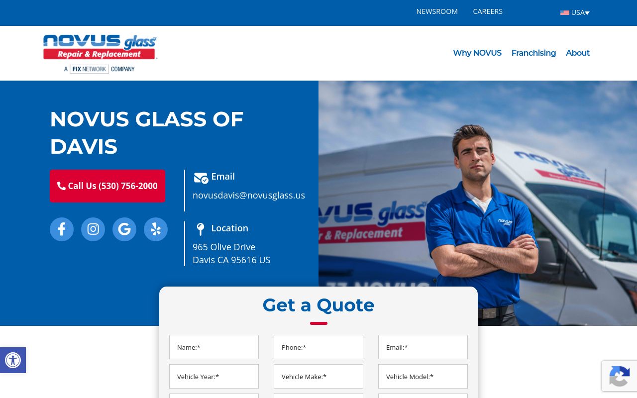 Homepage of NOVUS Glass of Davis's website