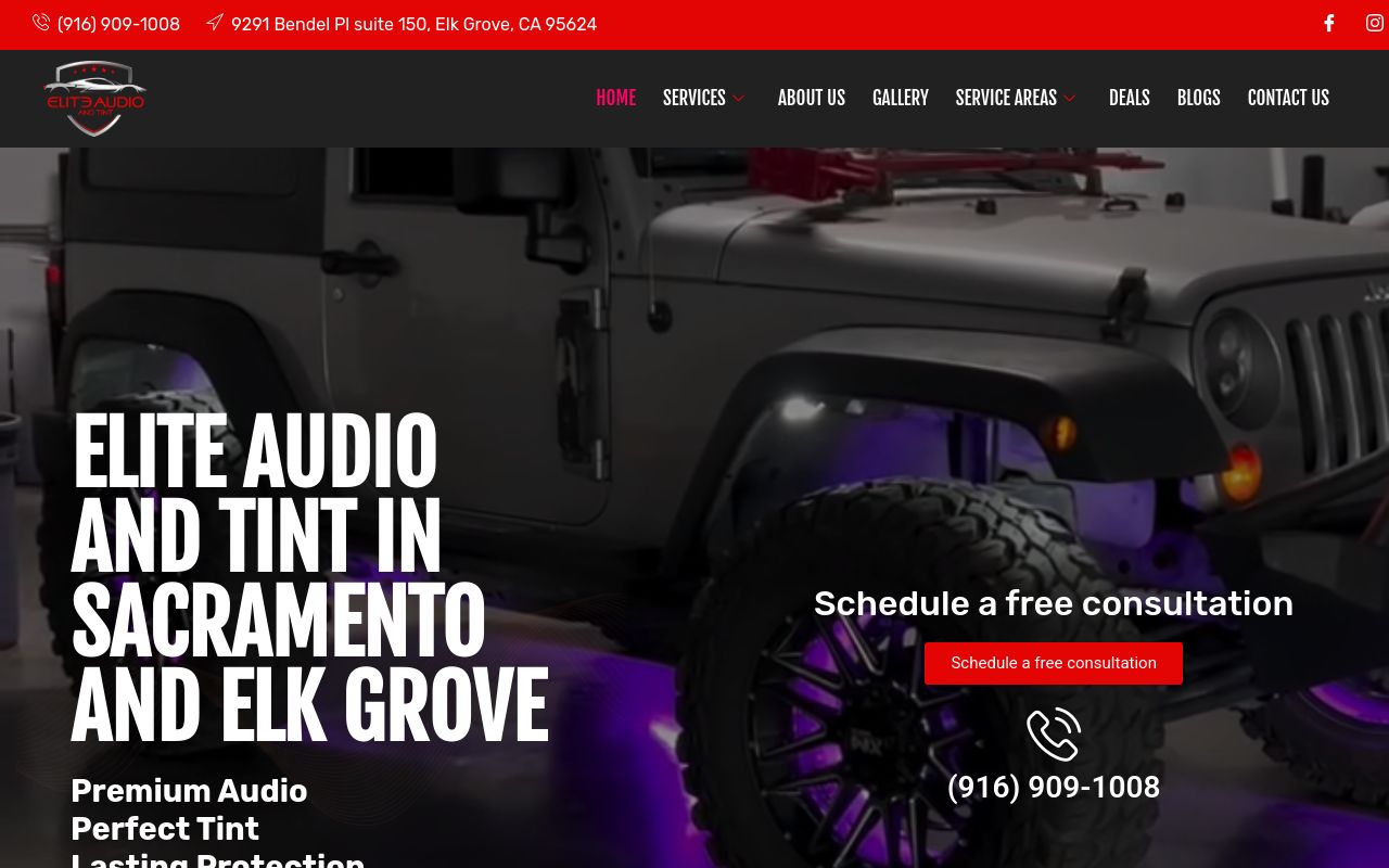 Homepage of Elite Audio And Tint's website