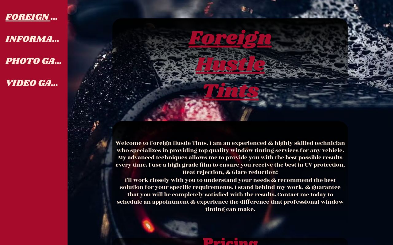Homepage of Foreign Hustle Tints's website