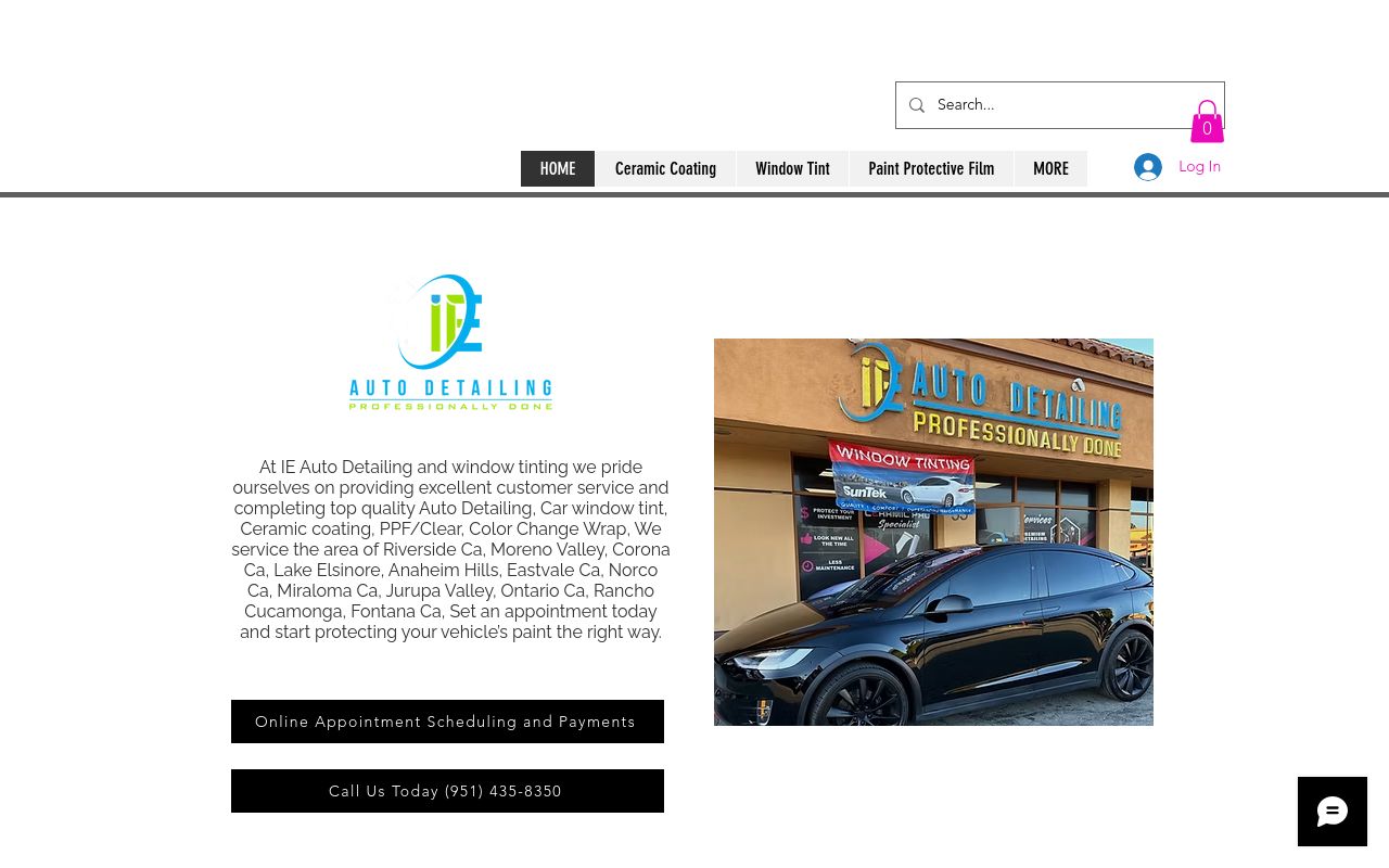 Homepage of IE Auto Detailing, window tint and PPF's website