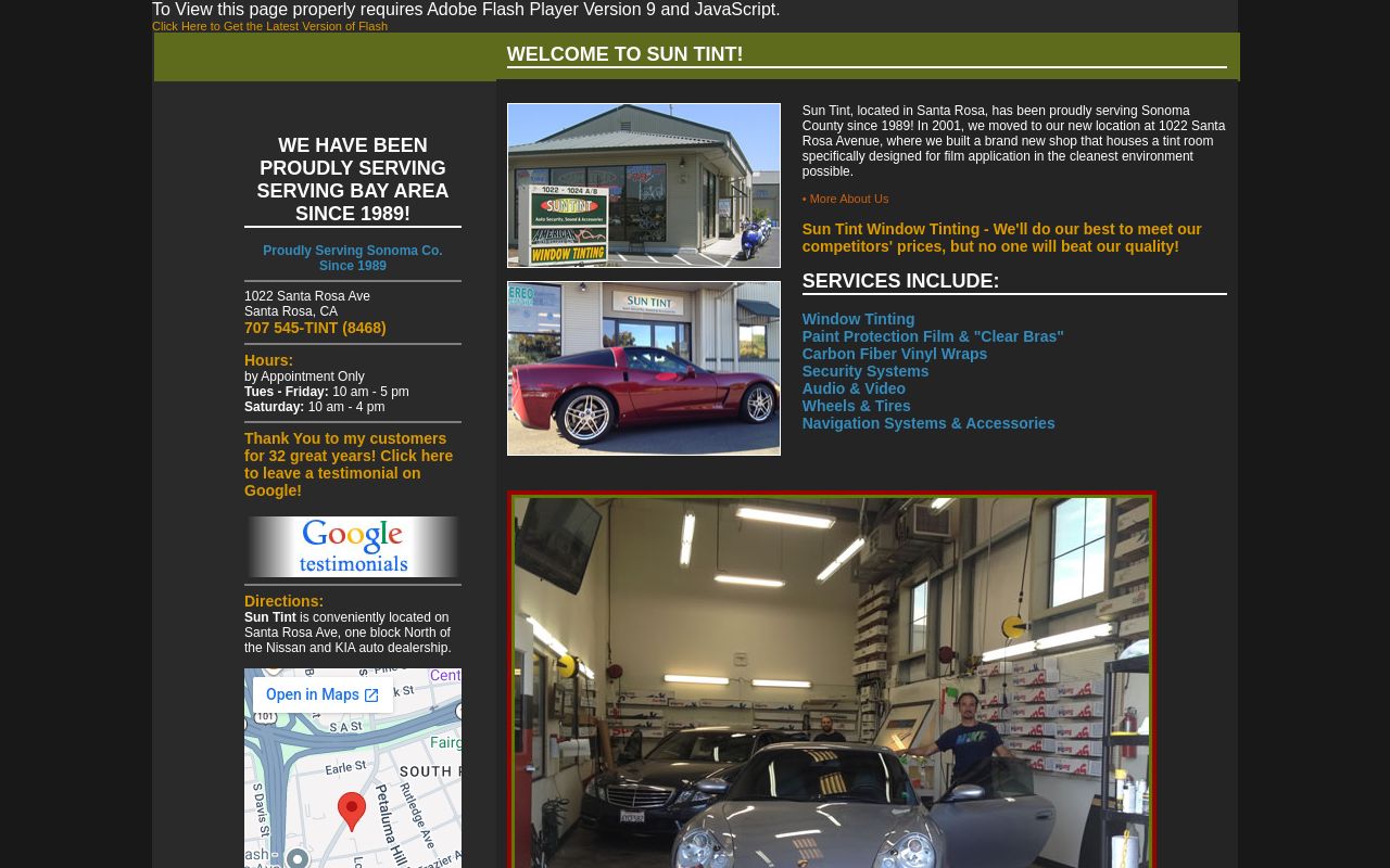 Homepage of Sun Tint Auto's website