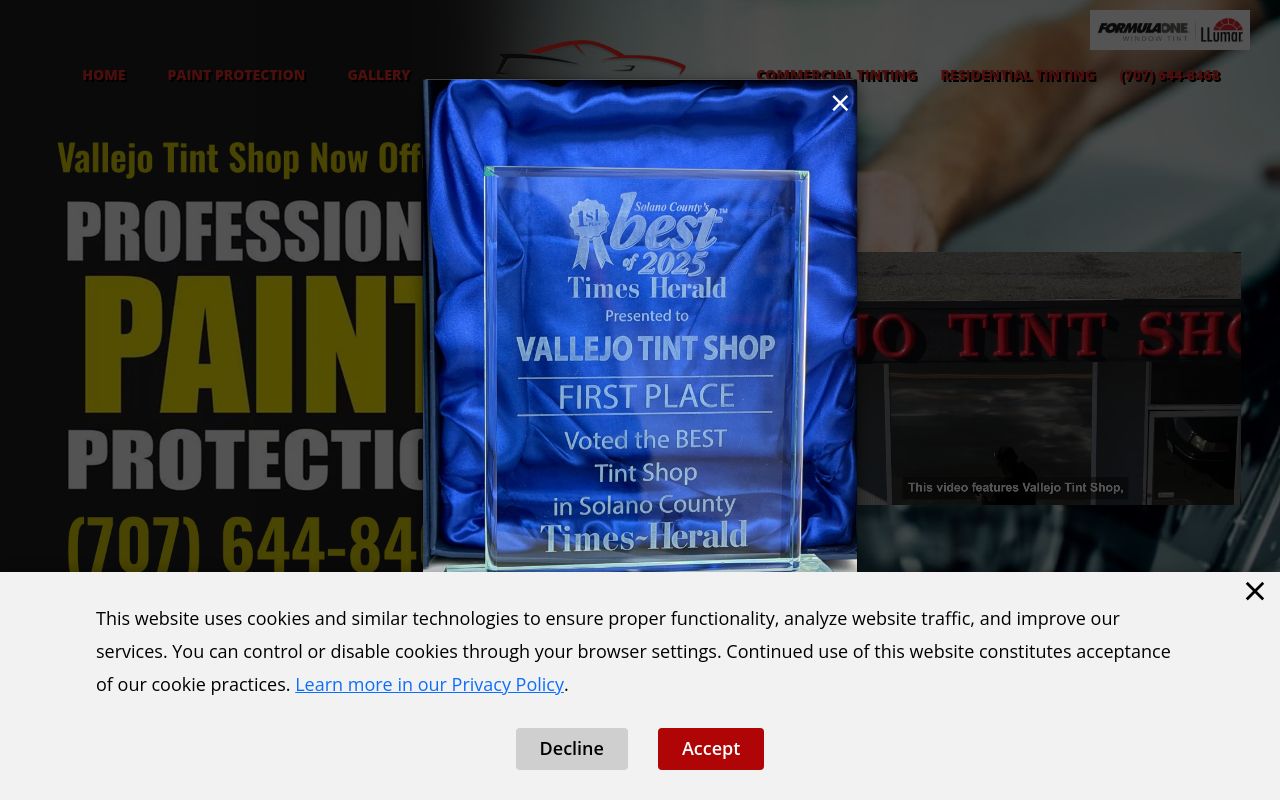 Homepage of Vallejo Tint Shop's website
