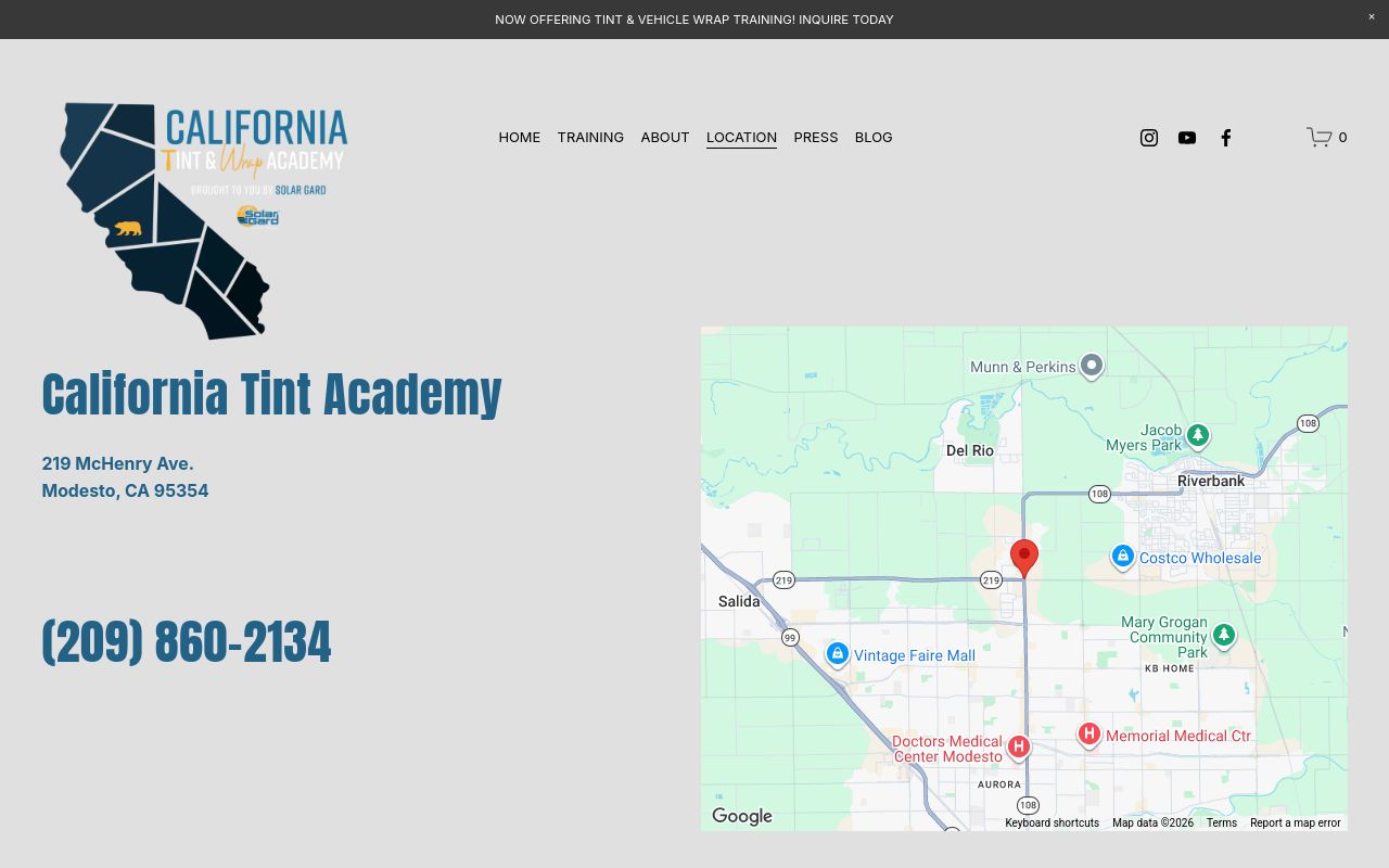 Homepage of California Tint Academy•Window Tint Training•Certification•Trade School's website
