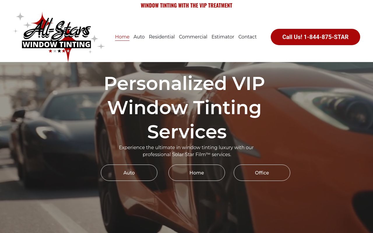 Homepage of All Stars Window Tinting's website