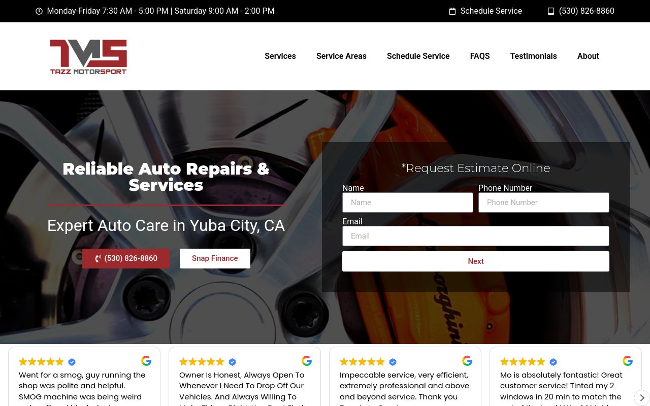 Homepage of Tazz Tint & Wrap Studio's website
