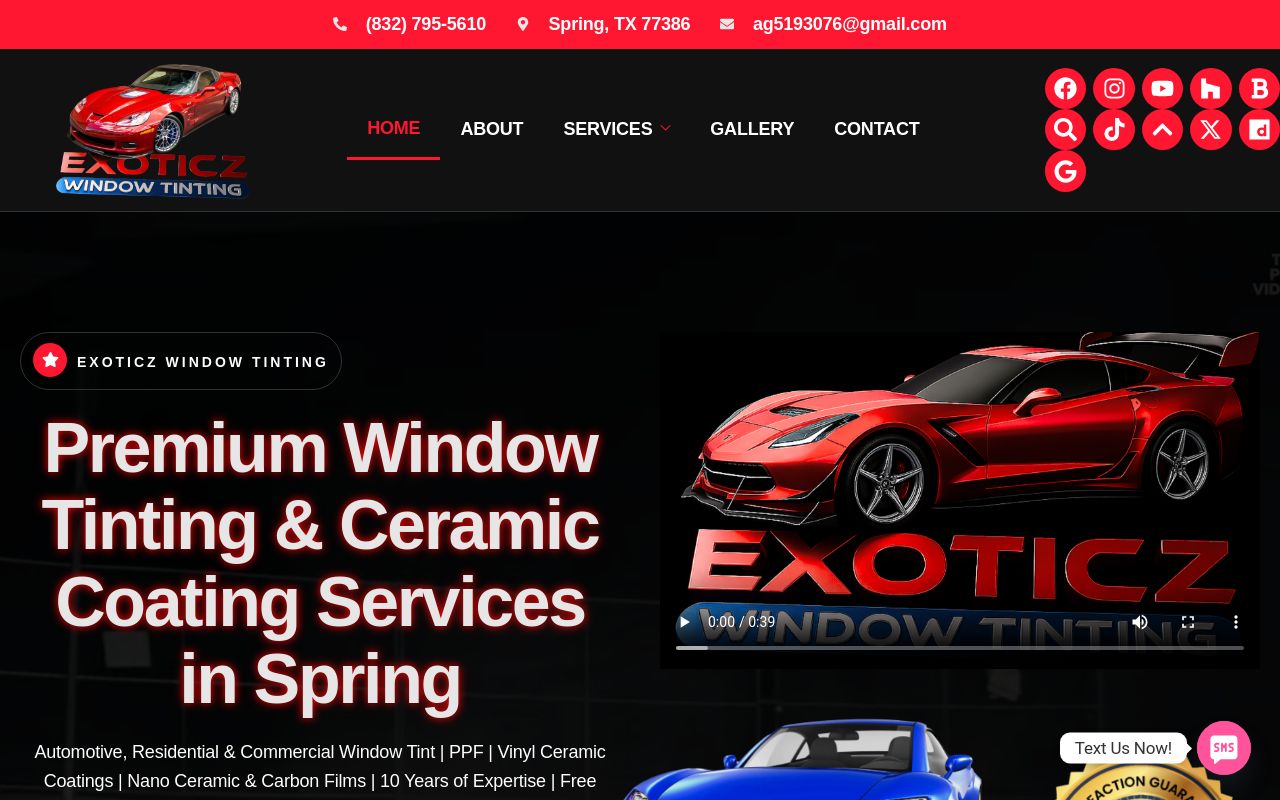 Homepage of Exoticz Window Tinting's website