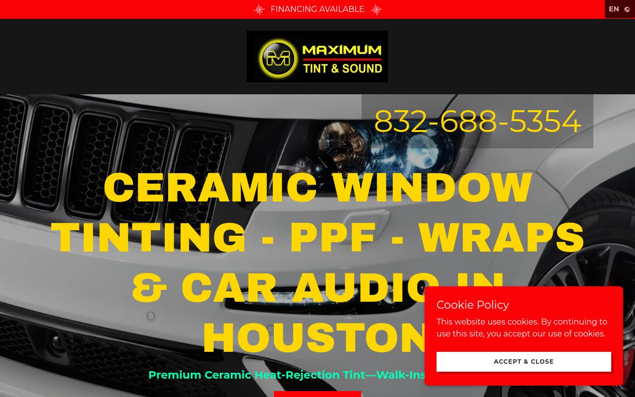 Homepage of Maximum Tint & Sound's website