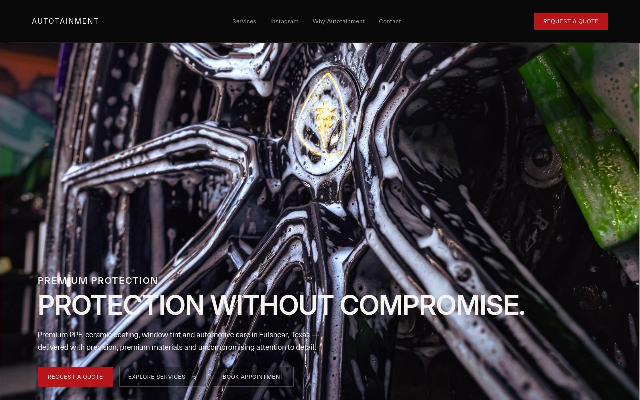 Homepage of Autotainment - Ceramic Coating, Tint, PPF, Detailing's website