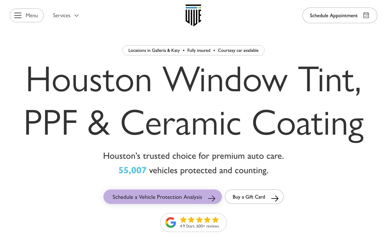 Homepage of Vive Auto PPF Tint Ceramic Coating - Katy's website