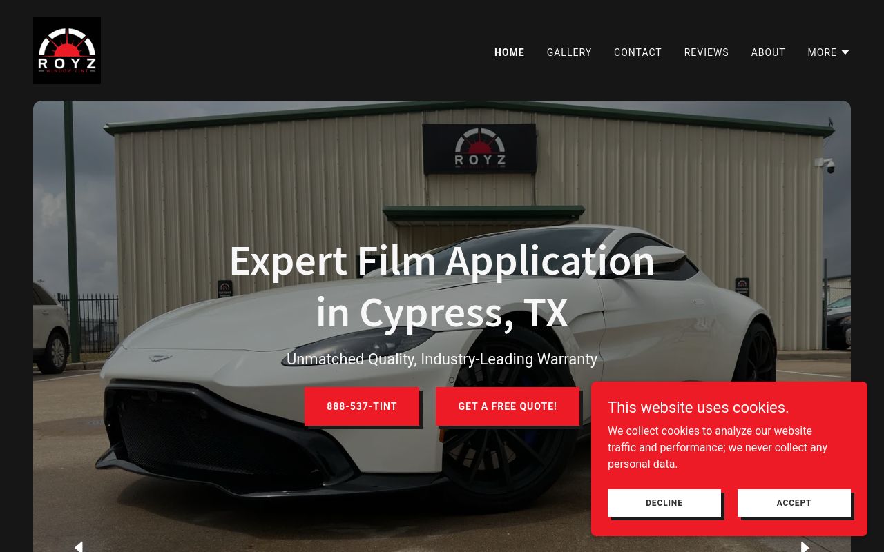 Homepage of RoyZ Window Tint's website