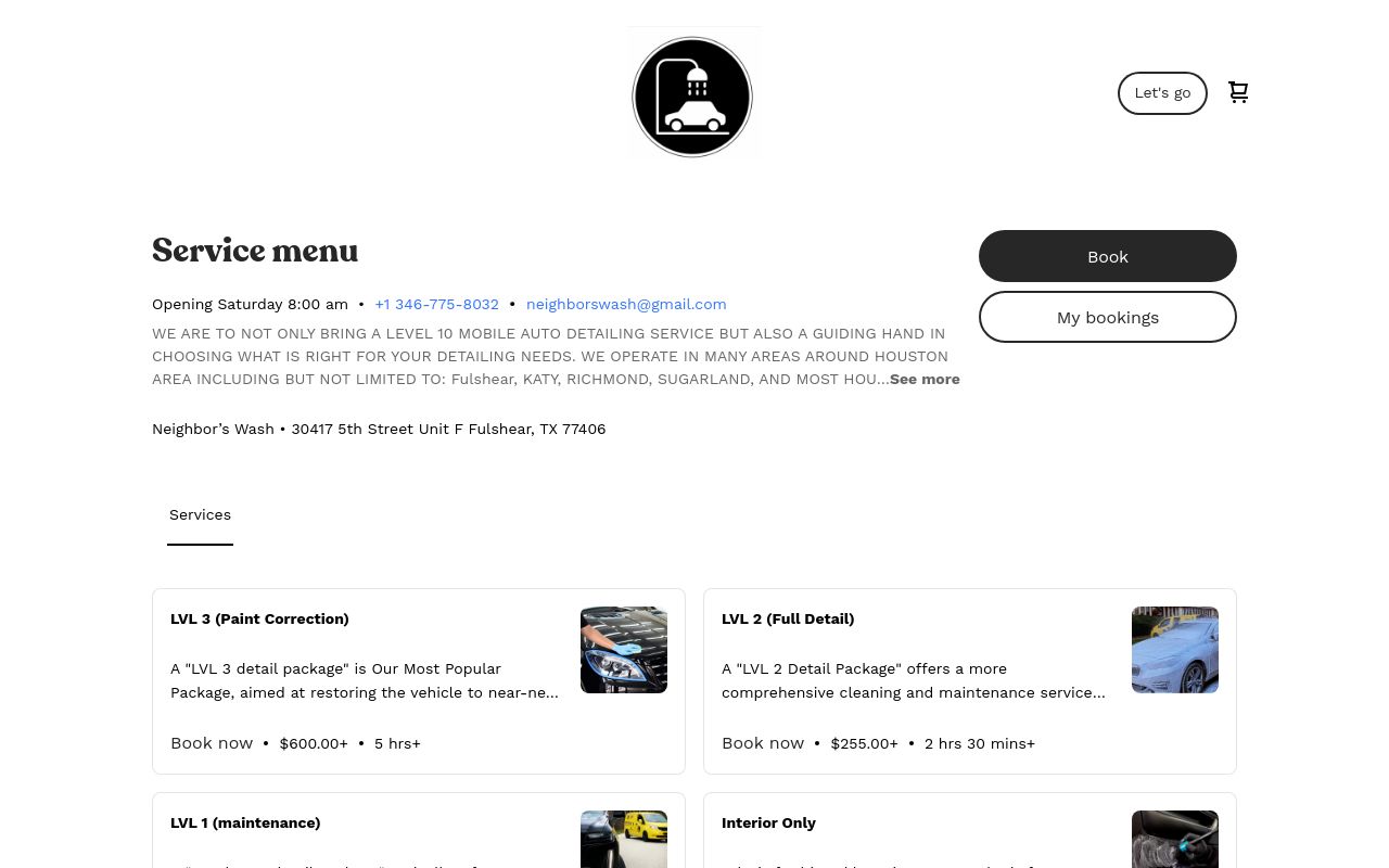 Homepage of Neighbor's wash Mobile Detailing's website