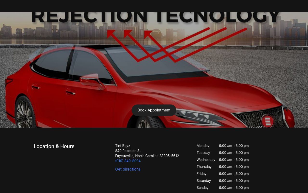 Homepage of Tint Boyz's website