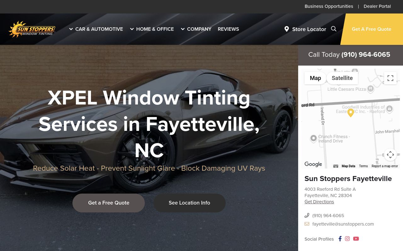 Homepage of Sun Stoppers Fayetteville Window Tinting | Paint Protection Film (PPF) | Ceramic Coating |'s website