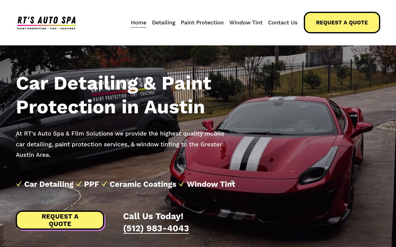 Homepage of RT’s Auto Spa & Film Solutions's website
