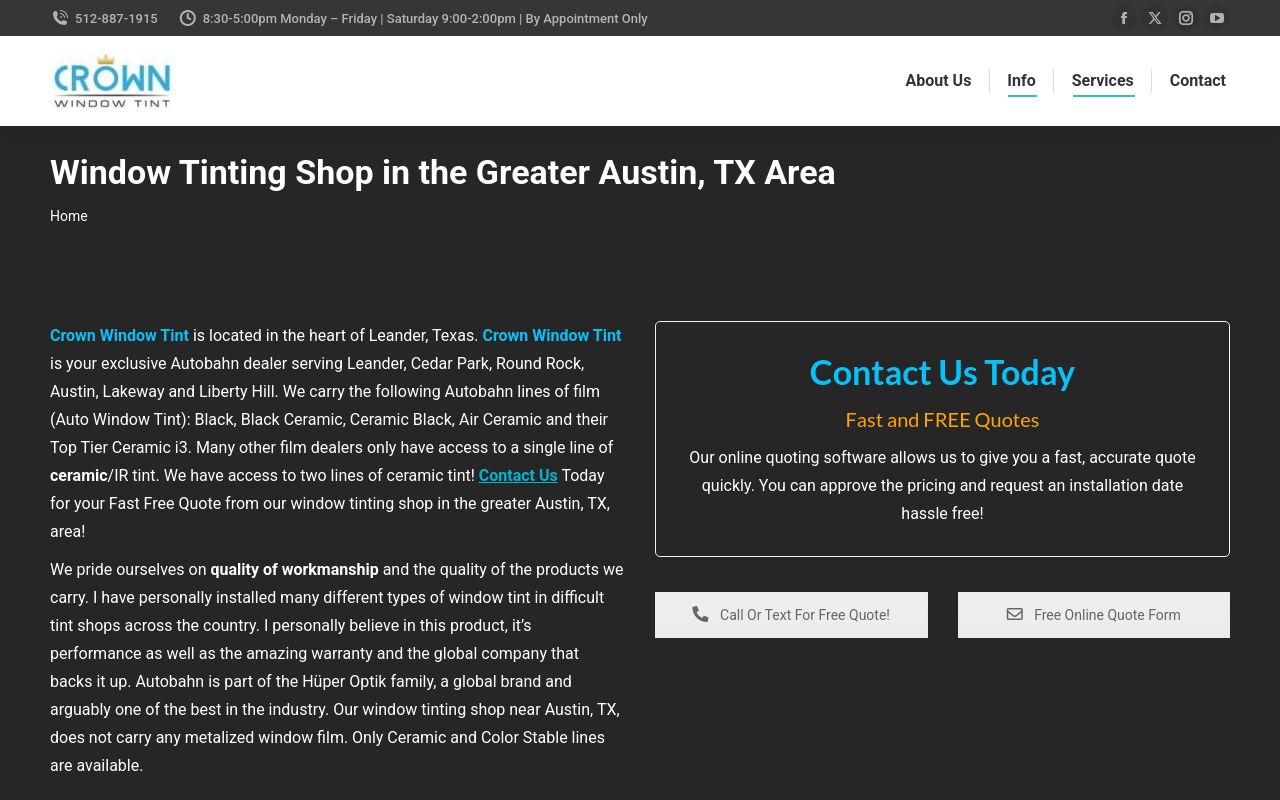 Homepage of Crown Window Tint's website