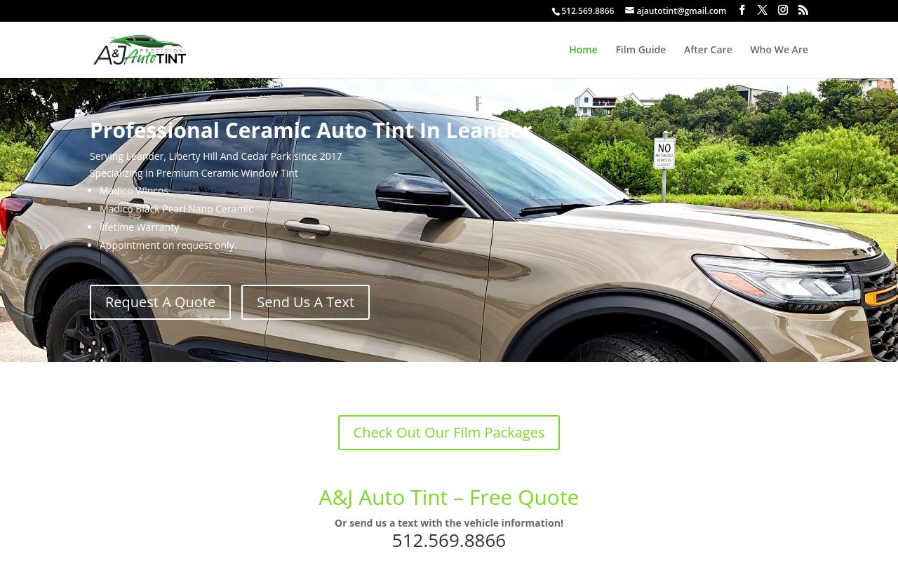Homepage of A&J Auto Tint's website