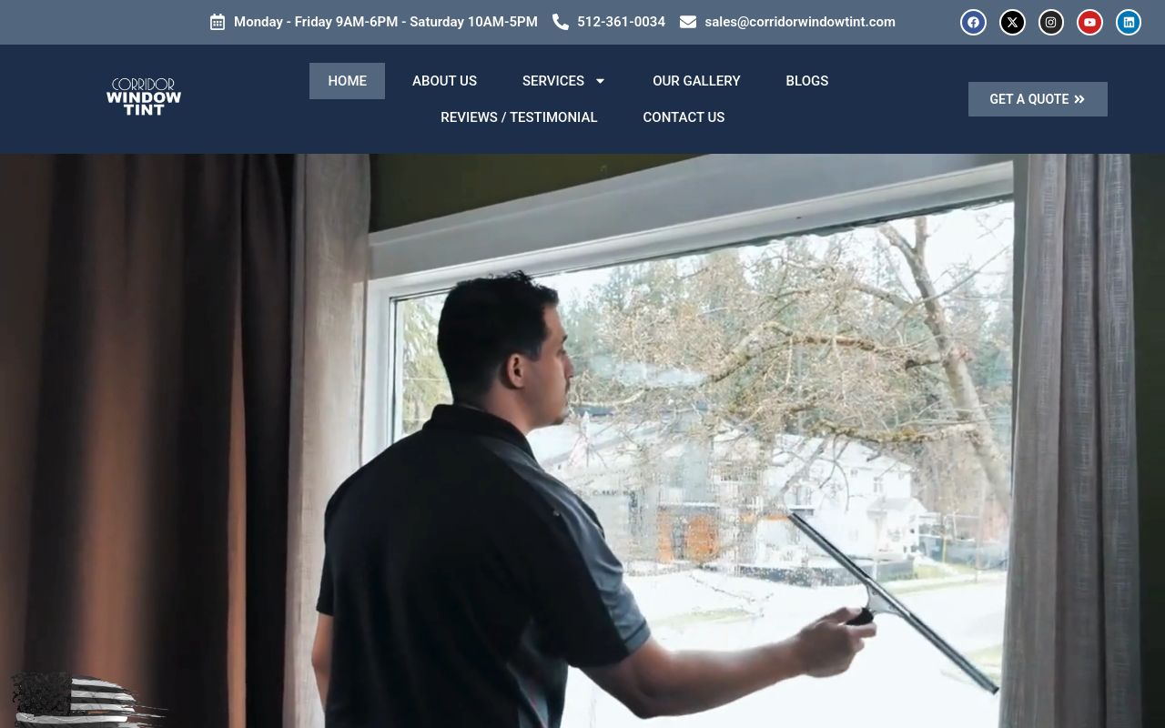 Homepage of Corridor Window Tint's website