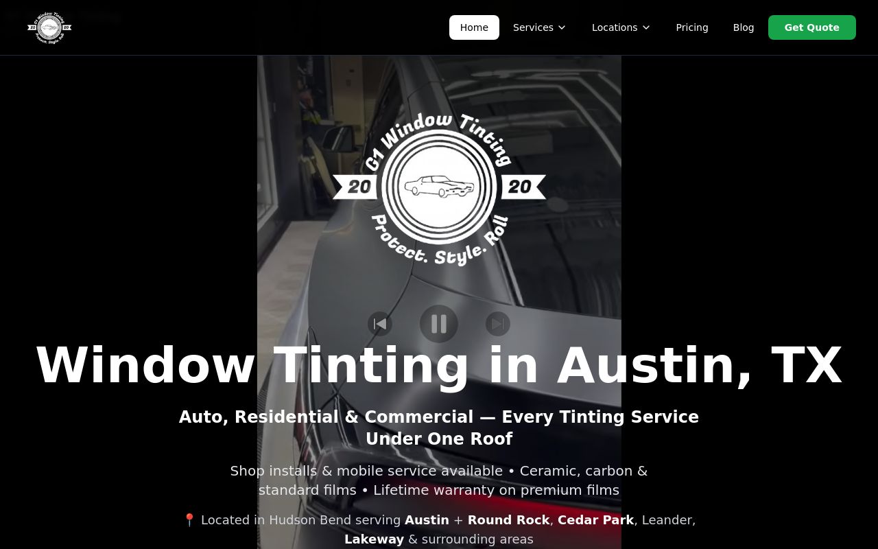 Homepage of G1 Window Tinting - Hudson Bend's website
