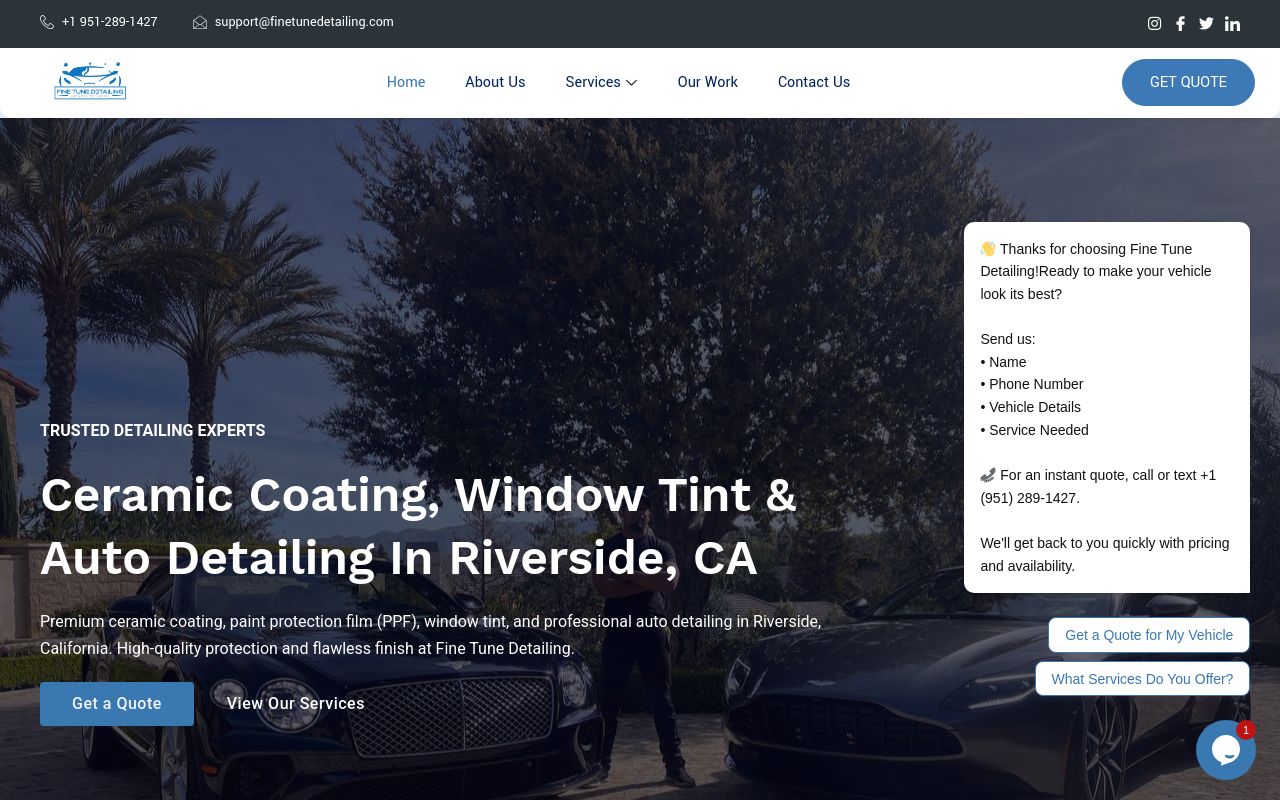 Homepage of Fine Tune Detailing and PPF/Tint | Riverside's website