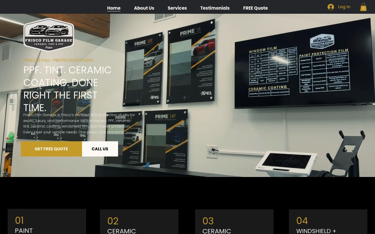 Homepage of Frisco Film Garage Tint & PPF's website