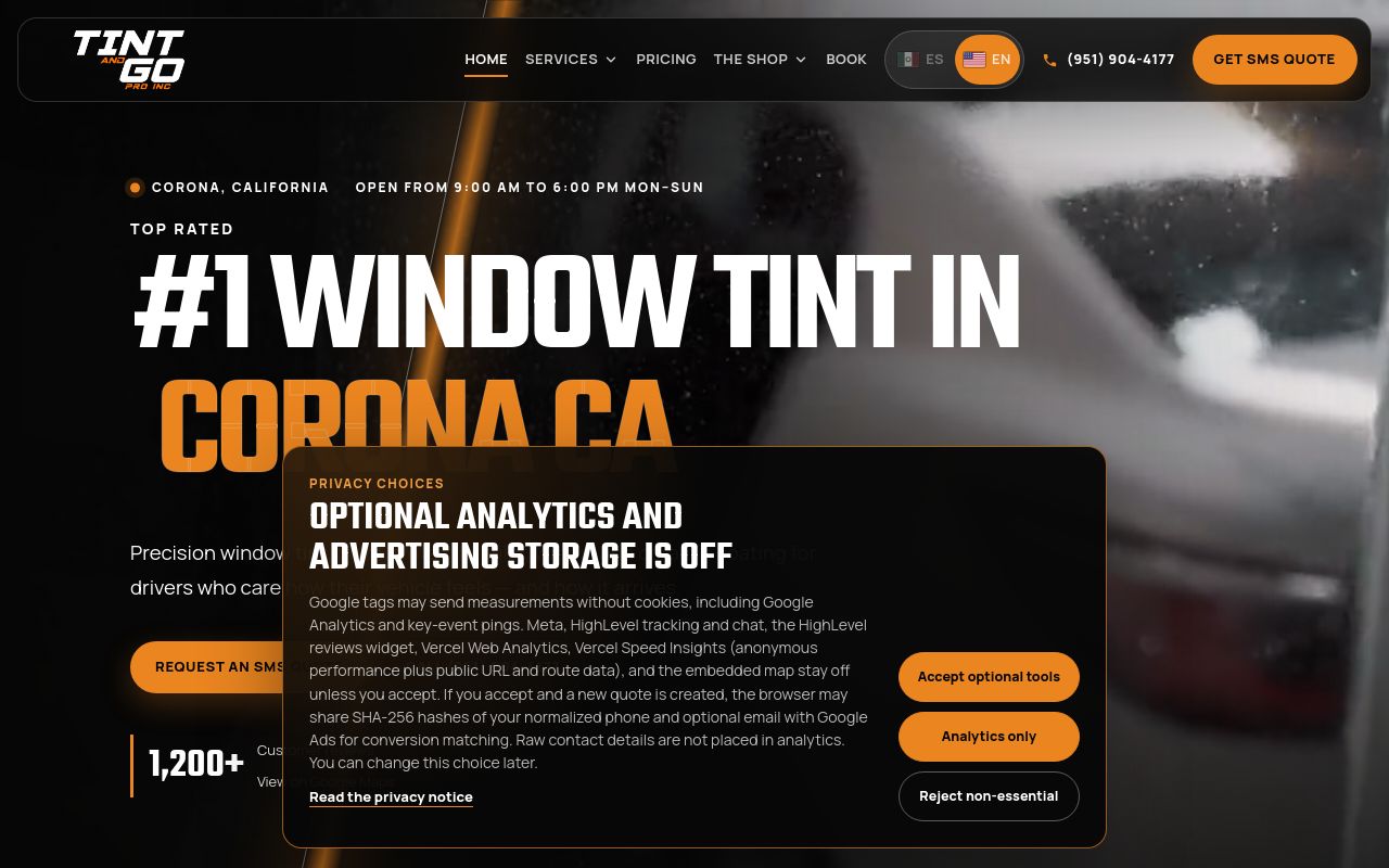 Homepage of Tint And Go Pro's website