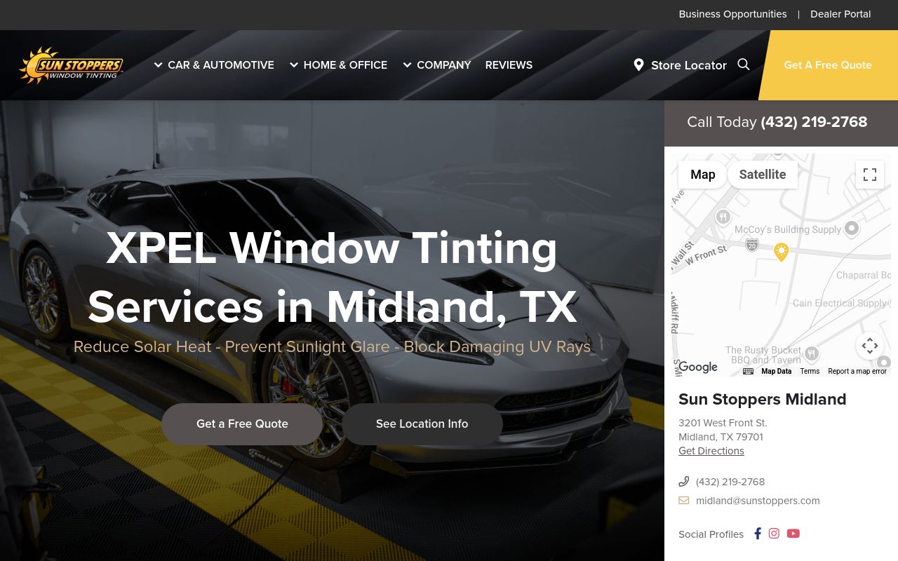 Homepage of Sun Stoppers PPF & Tint- XPEL's website