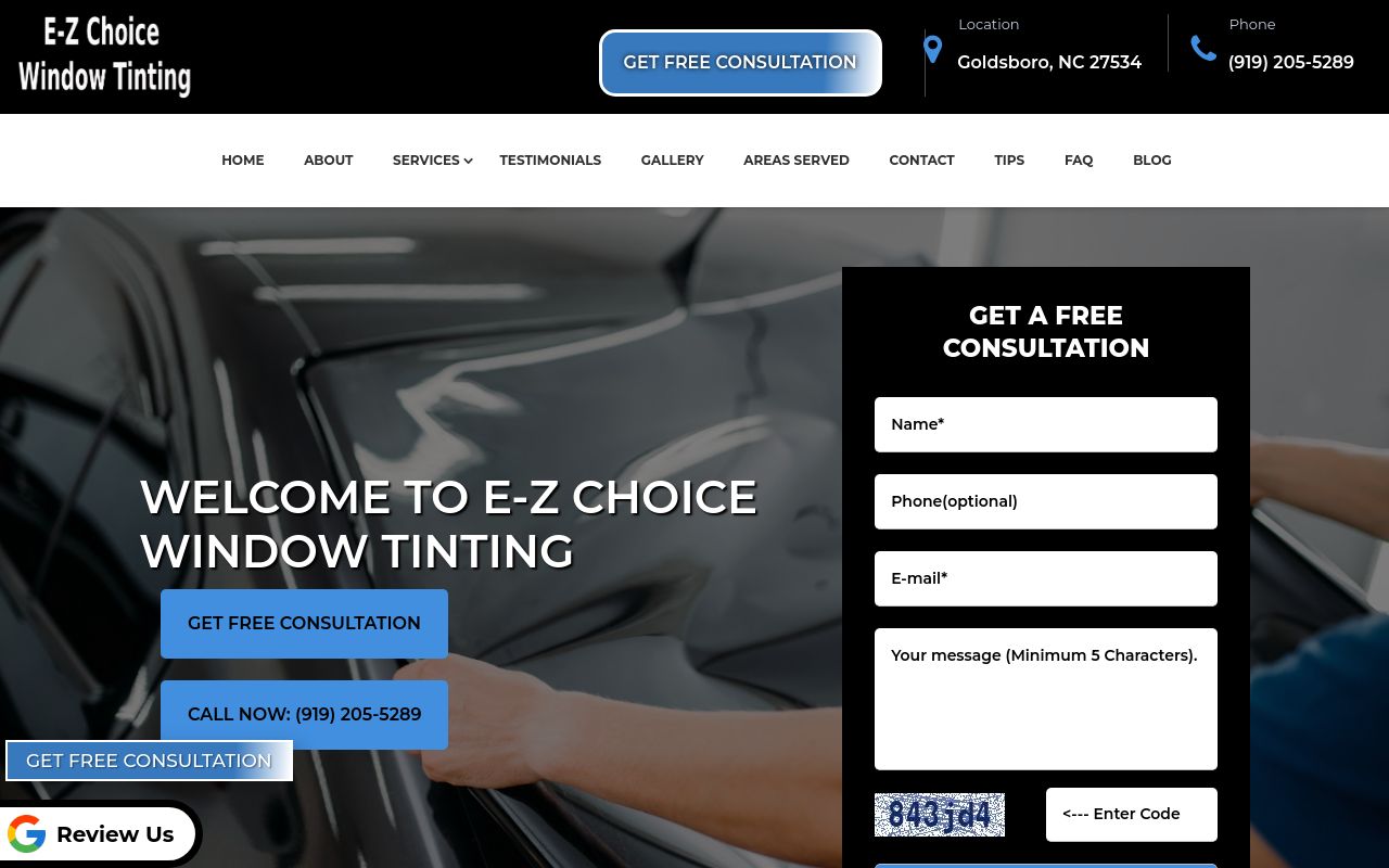 Homepage of E-Z Choice Window Tinting's website