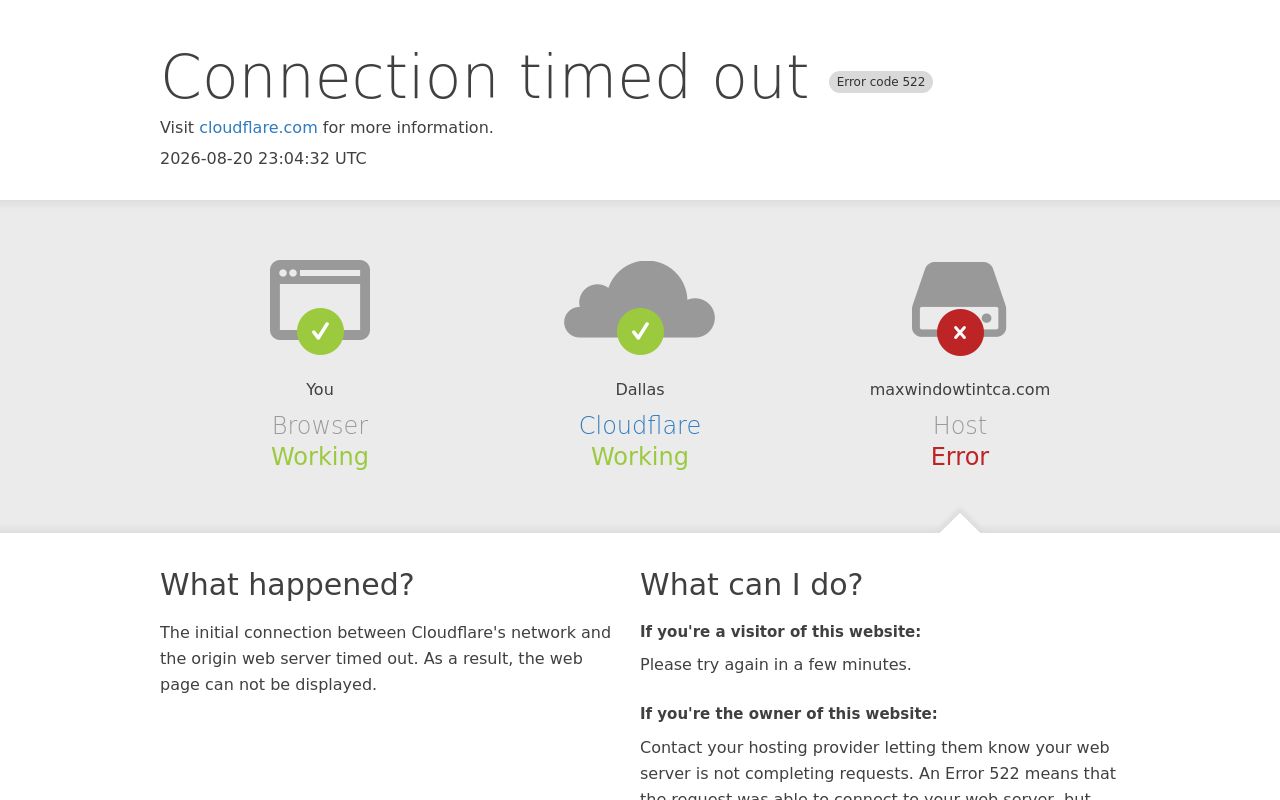 Homepage of Max Window Tinting Inc.'s website