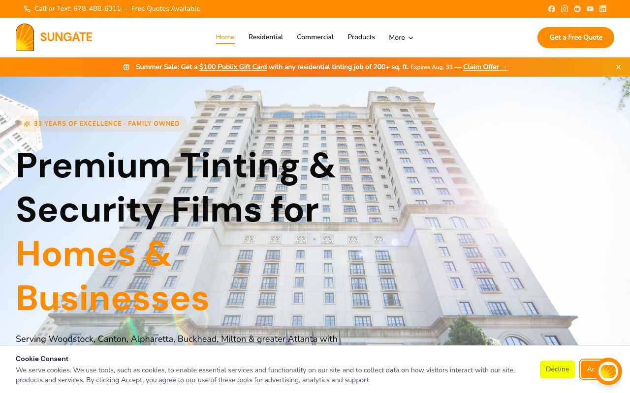 Homepage of Sungate Window Tinting's website