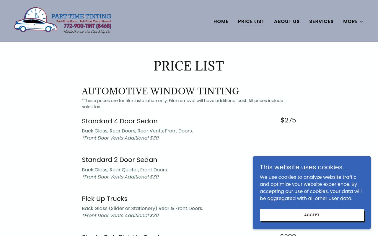 Homepage of Part Time Tinting's website