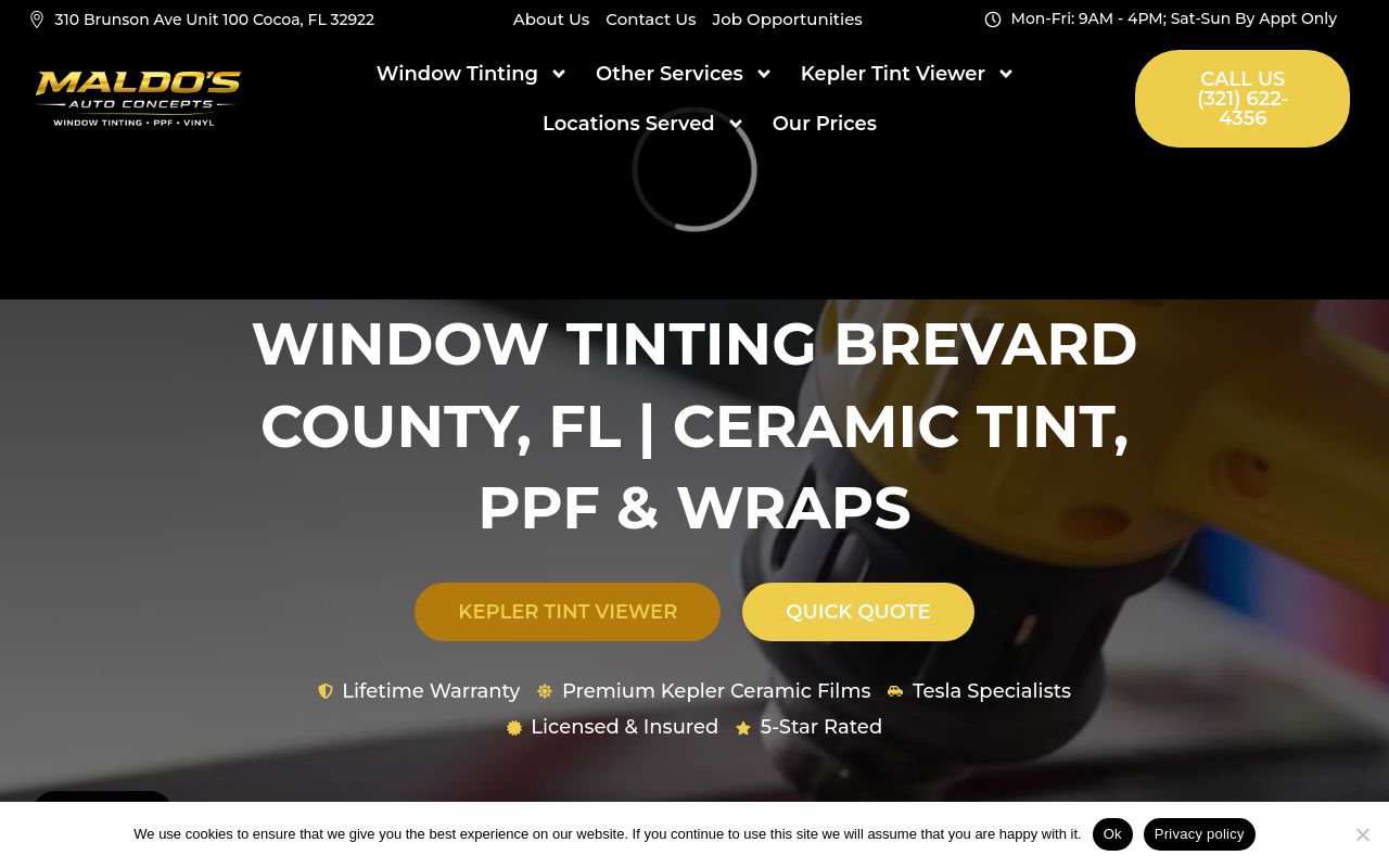 Homepage of Maldo's Window Tinting Auto Detailing's website