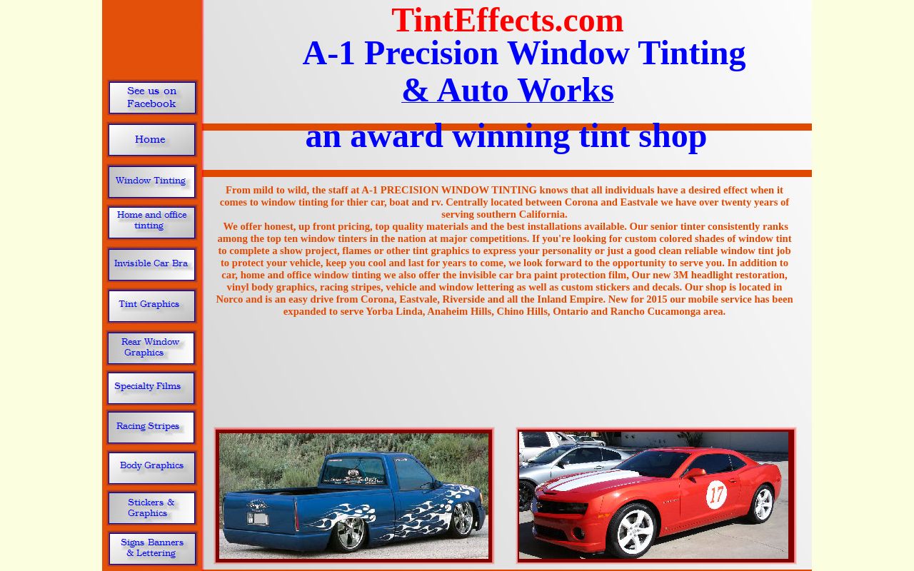 Homepage of A-1 Precision Window Tinting's website