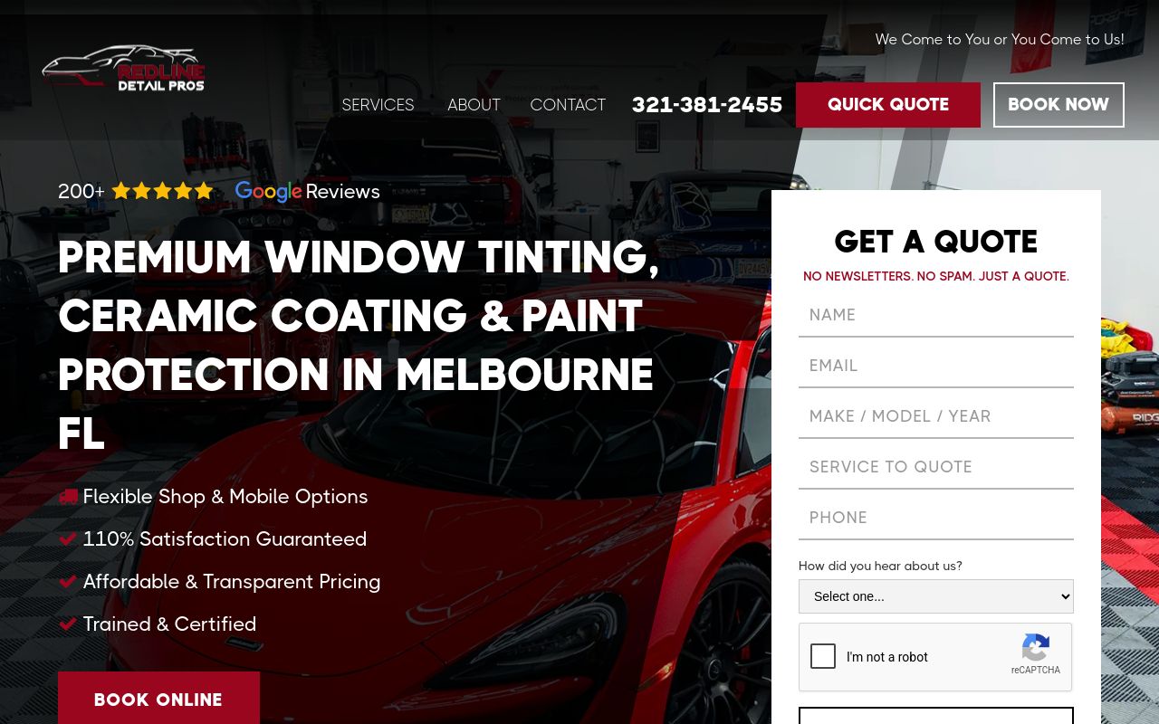 Homepage of Redline Detailing, Ceramic Coating, Paint Protection & Tint's website