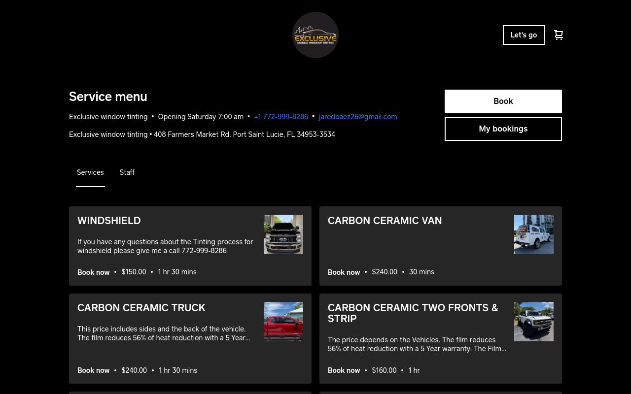 Homepage of EXCLUSIVE MOBILE WINDOW TINTING's website