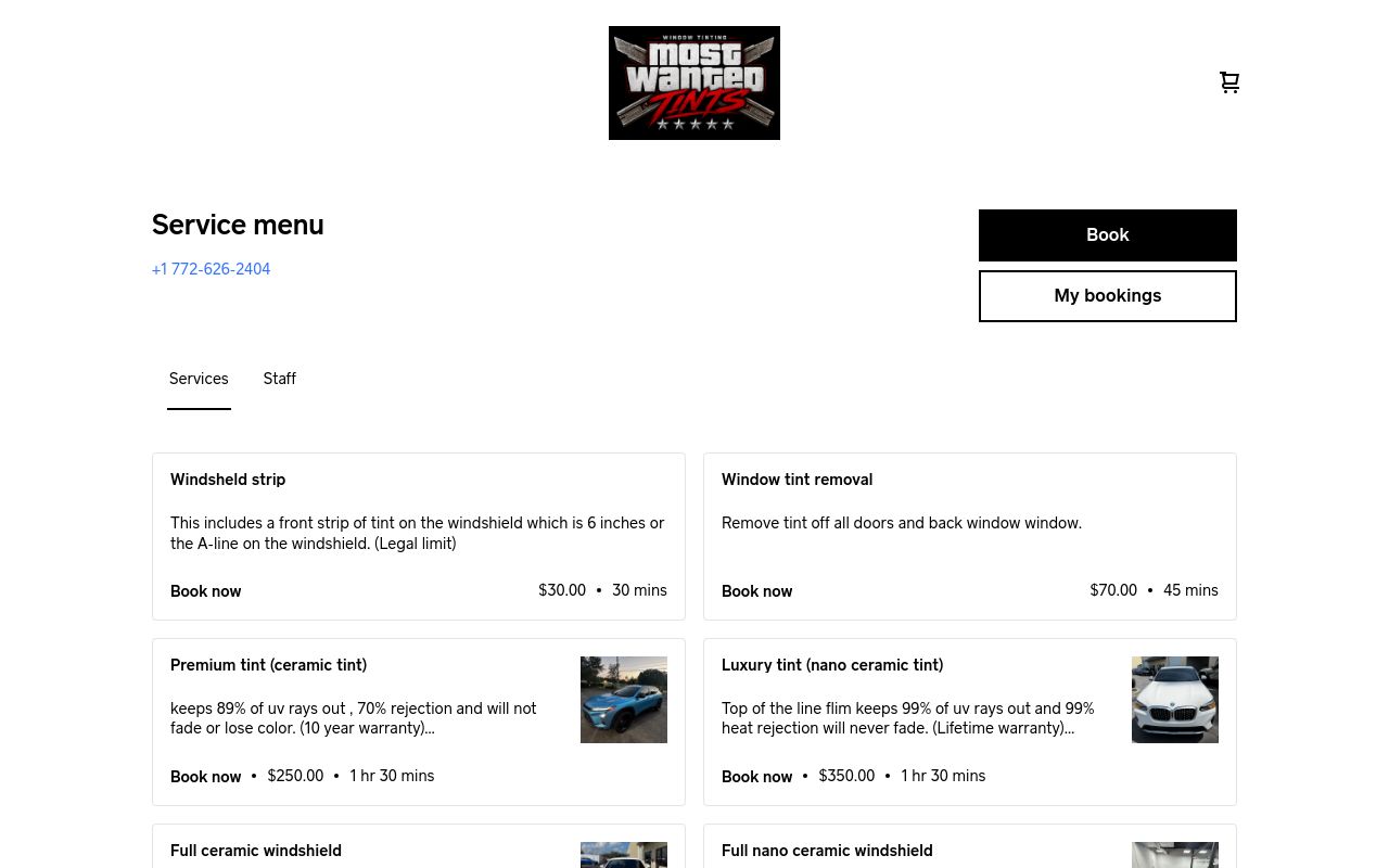 Homepage of Most wanted tints's website