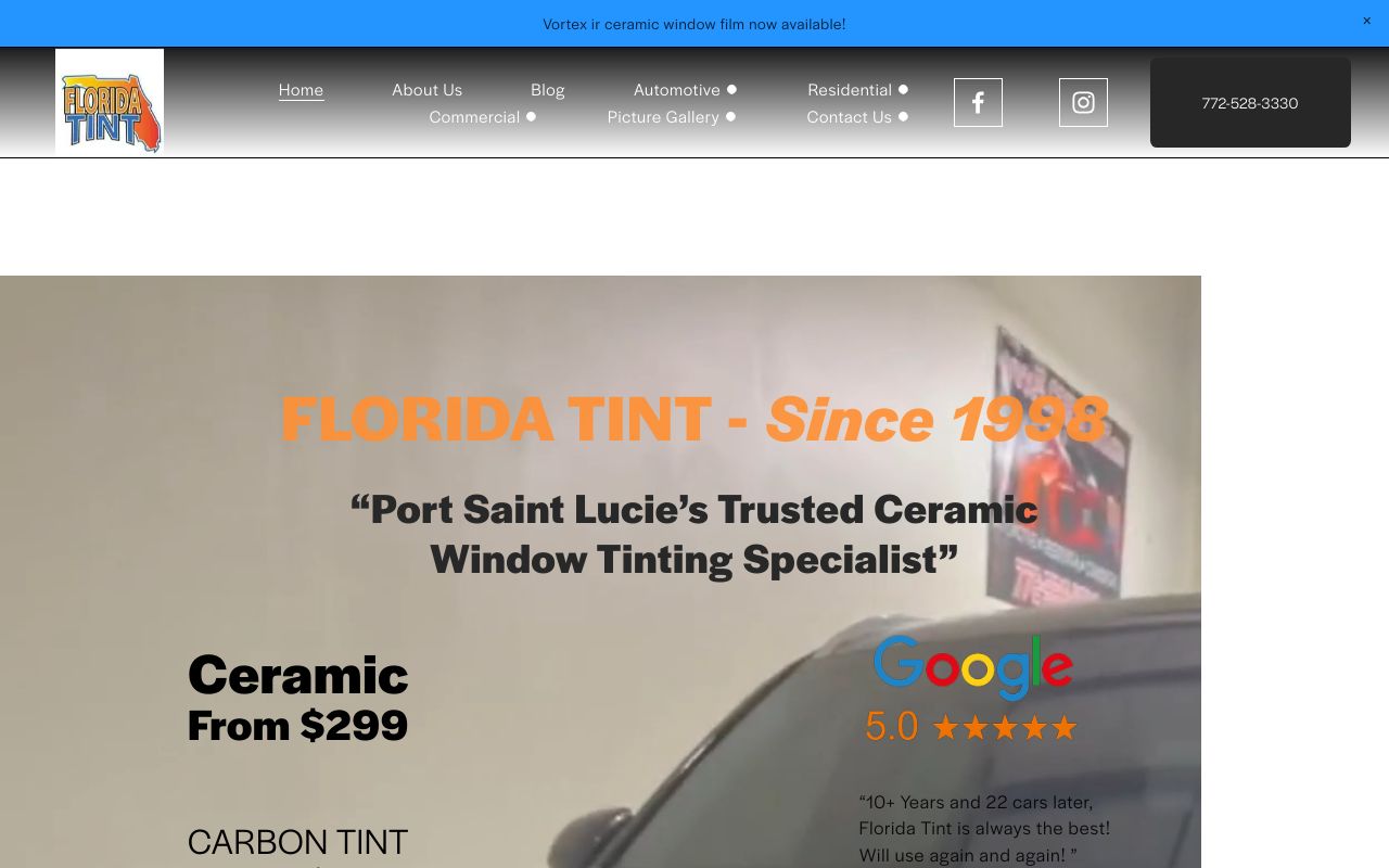 Homepage of FLORIDA TINT's website