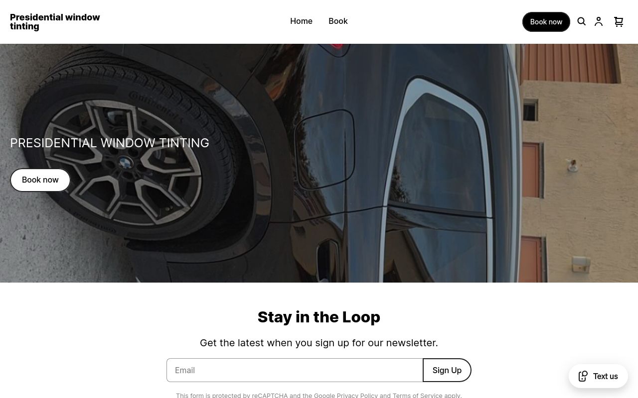 Homepage of Presidential window tinting's website