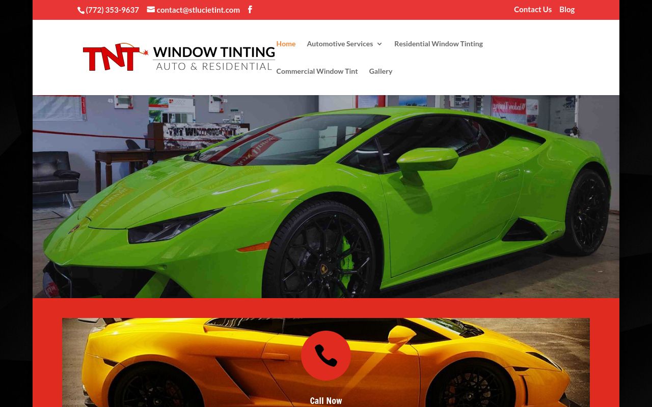 Homepage of TNT Window Tint's website