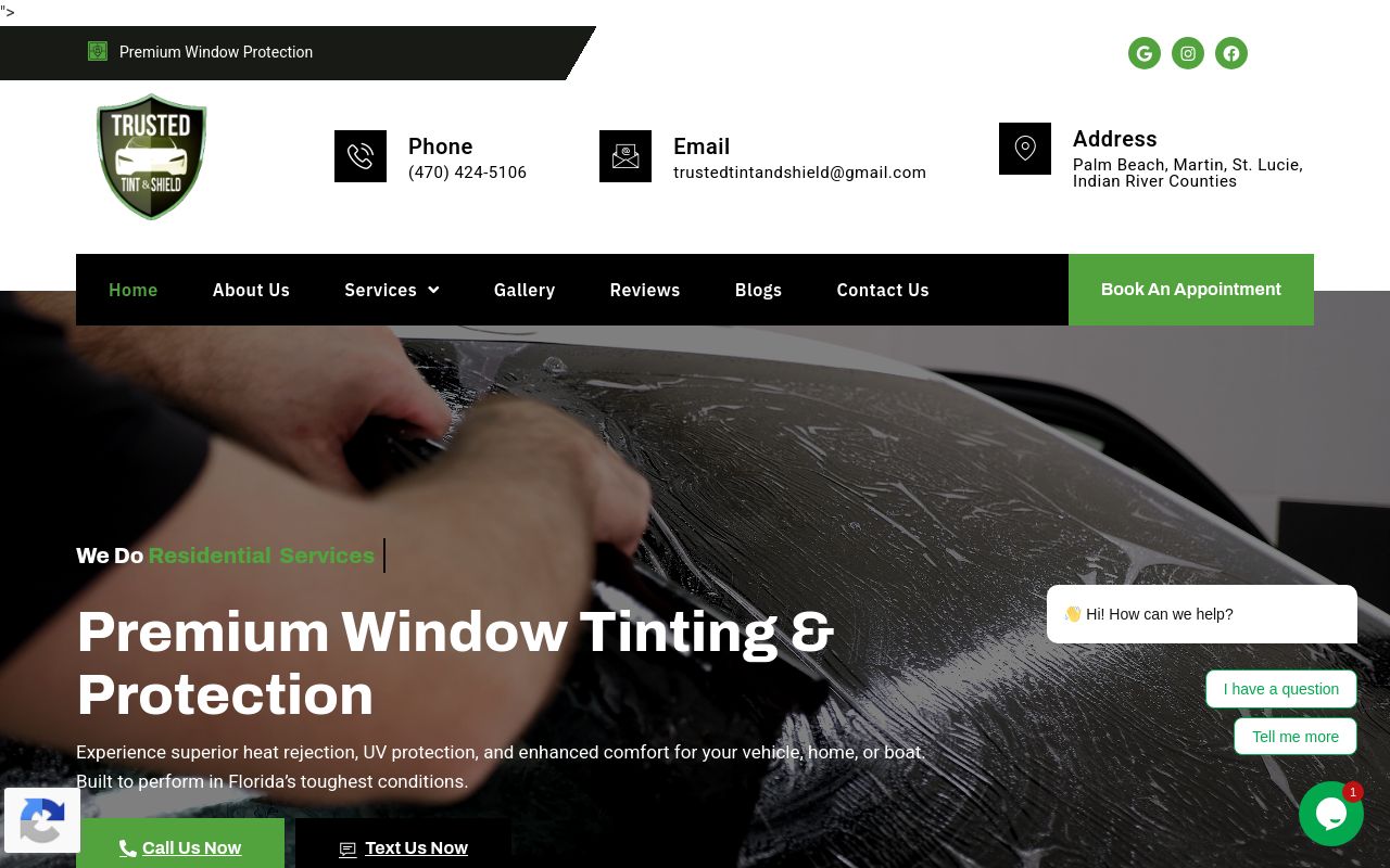 Homepage of Trusted Tint & Shield's website