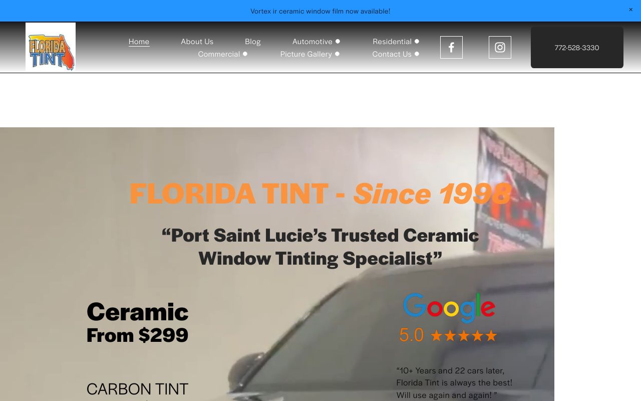Homepage of FLORIDA TINT's website