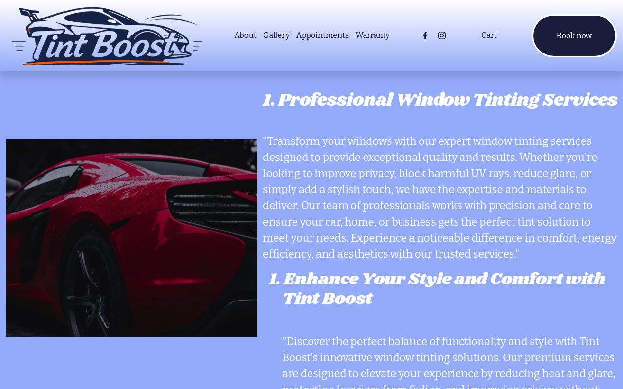 Homepage of Tint Boost's website