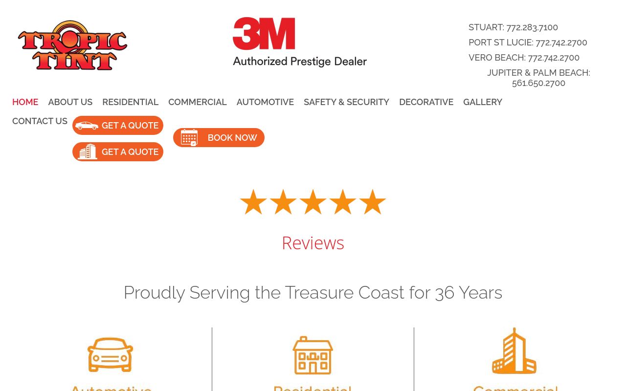 Homepage of Tropic Tint 3M Window Tint's website
