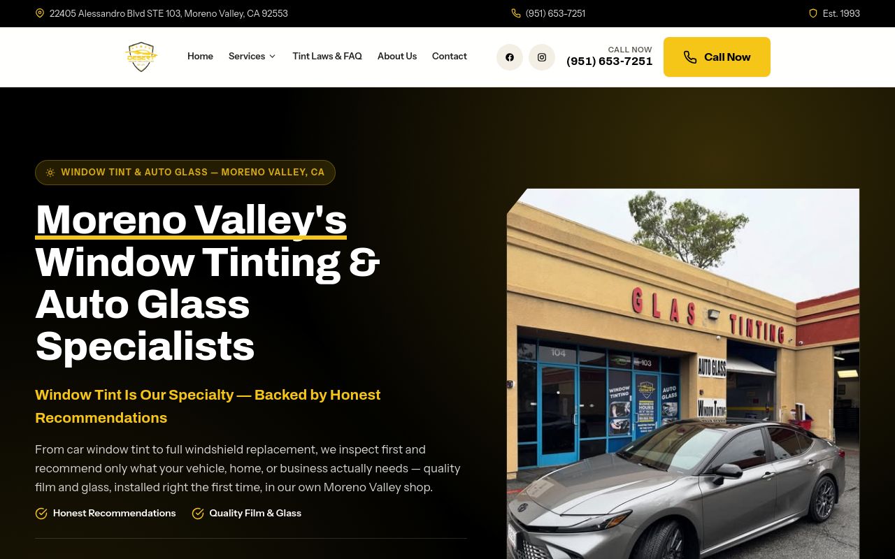 Homepage of Desert Window Tint & Auto Glass's website